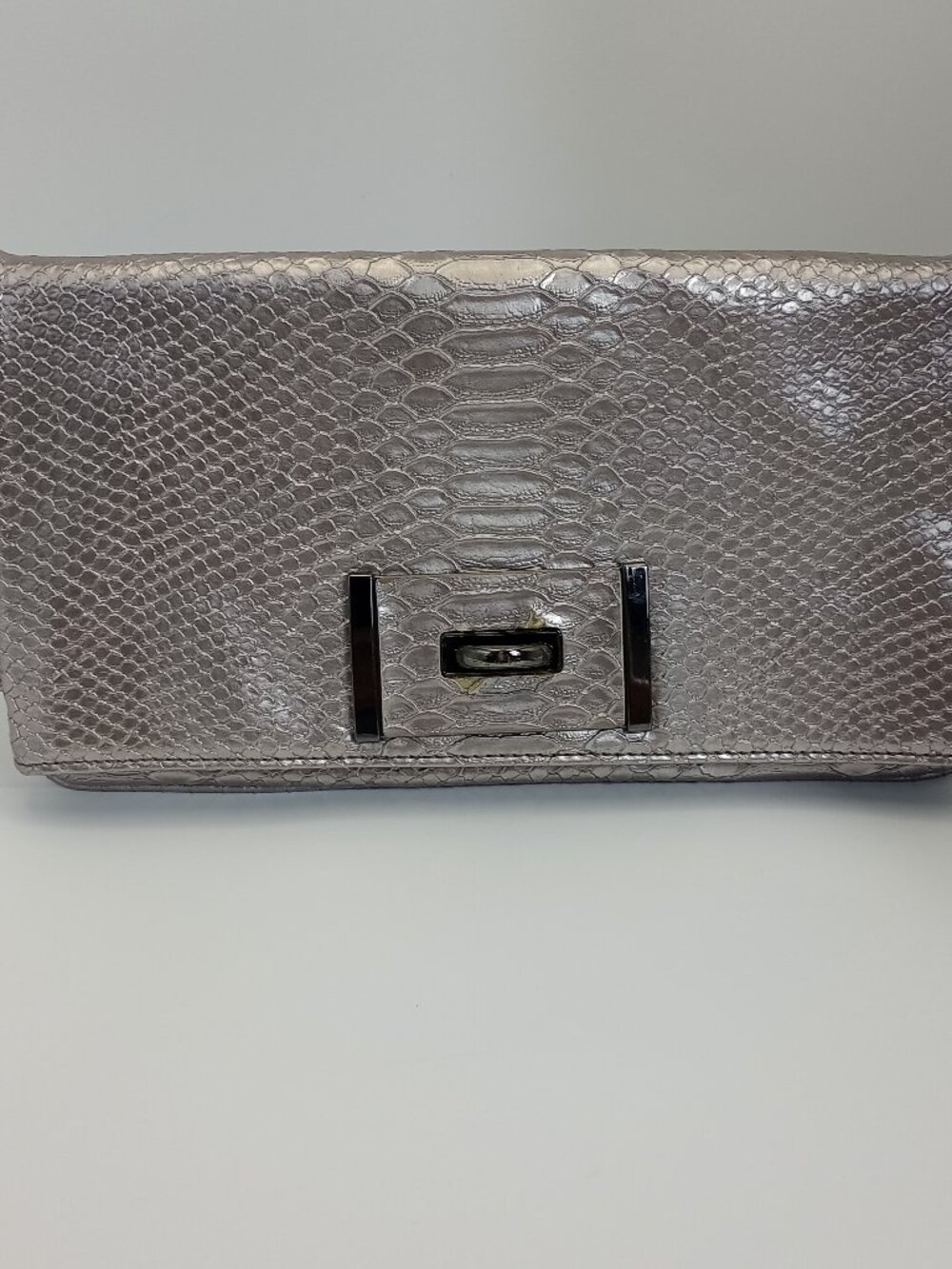 Metallic Silver Snakeskin Embossed Envelope Clutch